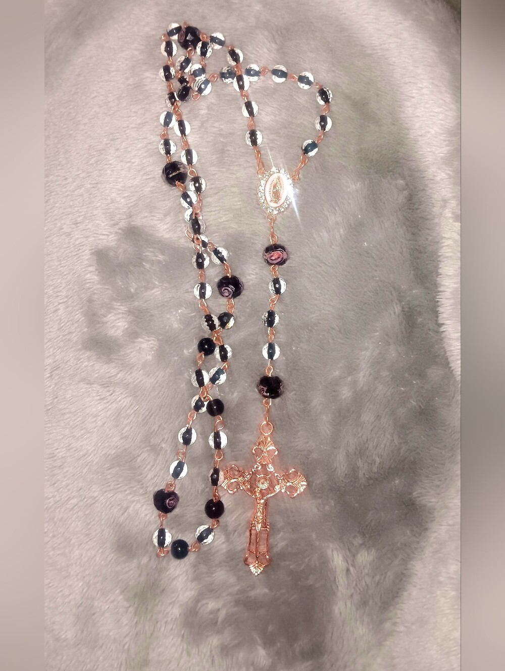 Rose Gold & Black Rosary  - Religious Pendant